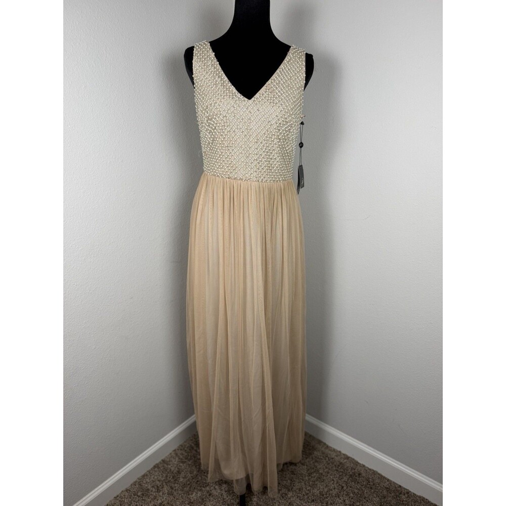 NWT Adrianna Papell Beaded Pearl Tulle Evening Gown Formal Dress Size 6